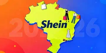 Logo da Shein sobre o mapa do Brasil, com elementos de moda e e-commerce, representando sua influência no mercado brasileiro em 2026.