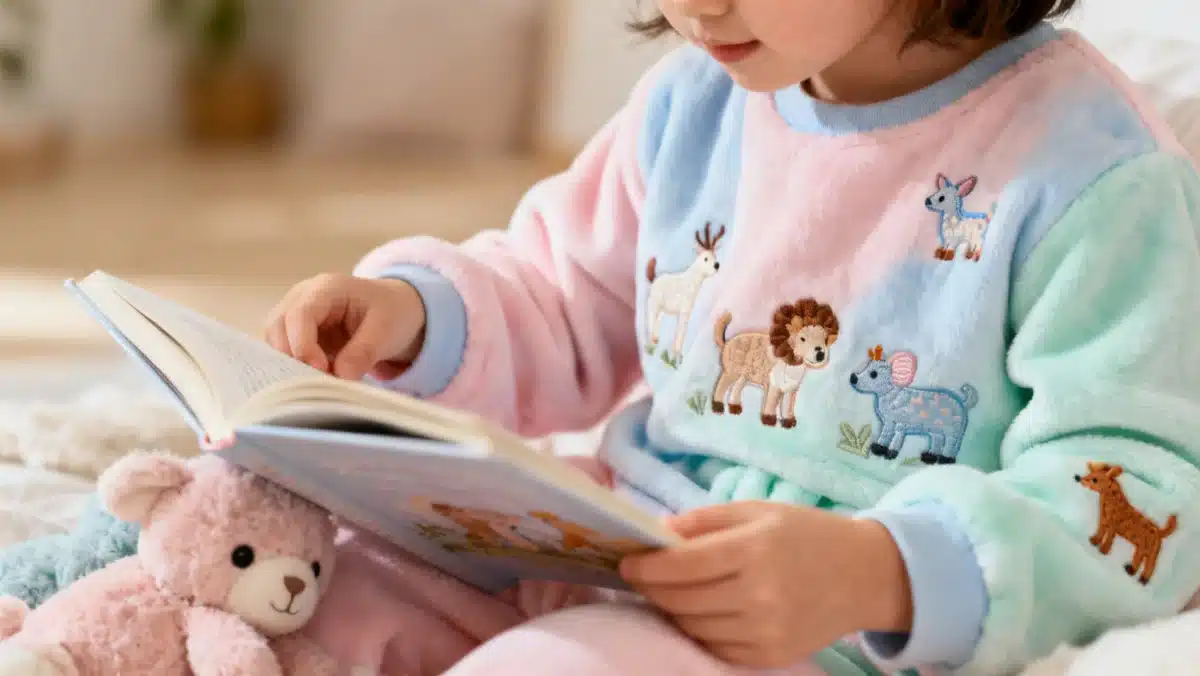 Detalhe de roupa Shein Kids 2026 em criança, com foco na textura do tecido e design fofo.