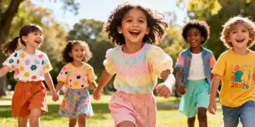 Crianças sorridentes vestindo as últimas tendências da Shein Kids 2026 em um parque ensolarado, demonstrando conforto e estilo.