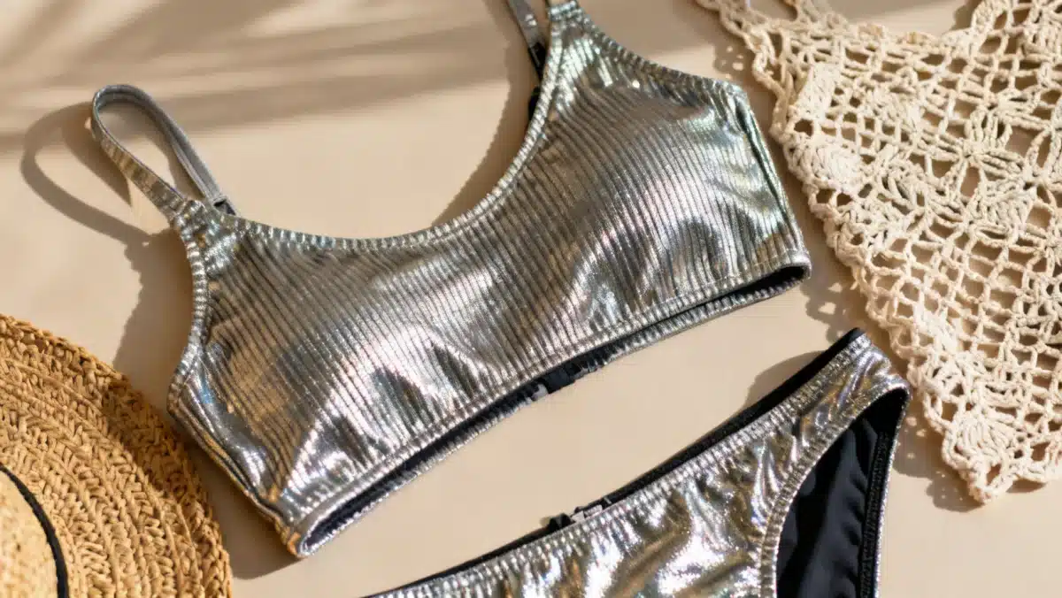 Detalhe de diversos tecidos e texturas de moda praia, como canelado, metálico e crochê, evidenciando as tendências de 2026.