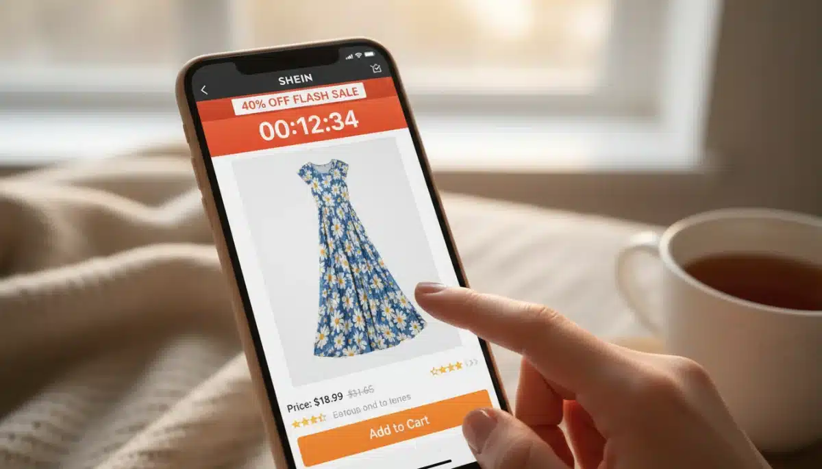 Tela de smartphone mostrando o aplicativo da Shein com uma promoção de 40% de desconto em um item de moda.