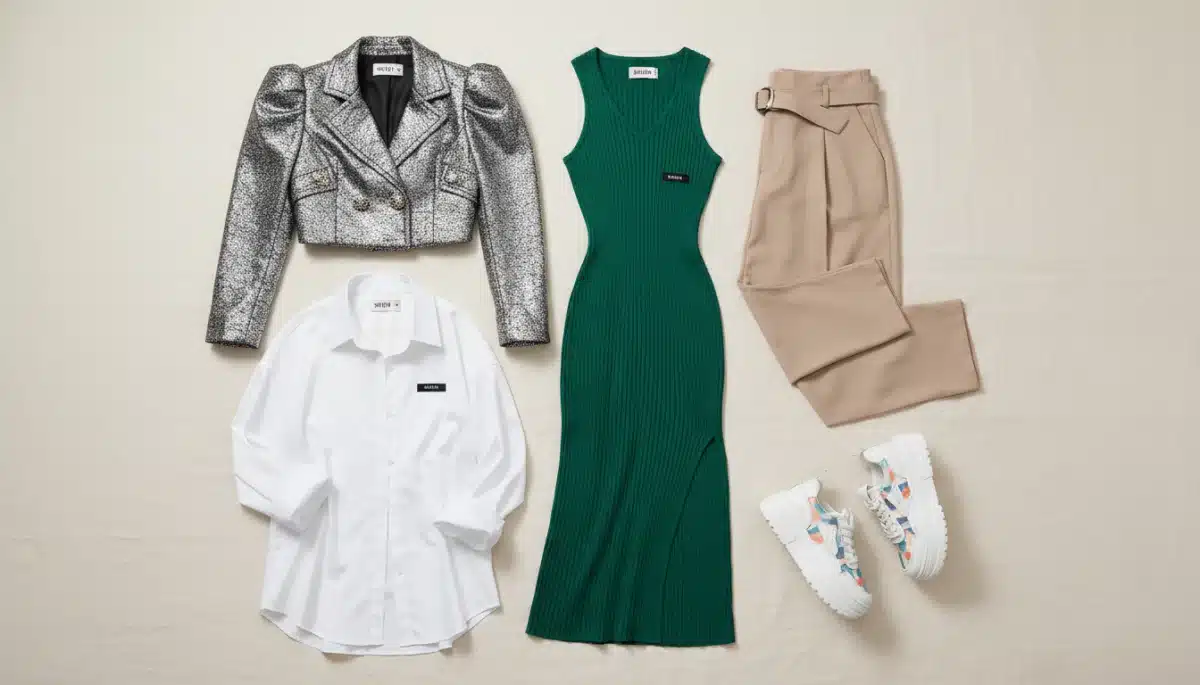Flat lay com 5 peças essenciais Shein 2026: vestido midi, jaqueta cropped, calça cintura alta, camisa oversized e tênis.