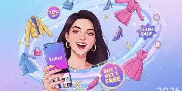 Jovem feliz comprando online na Shein, com ícones de desconto e promoções exclusivas de 2026.
