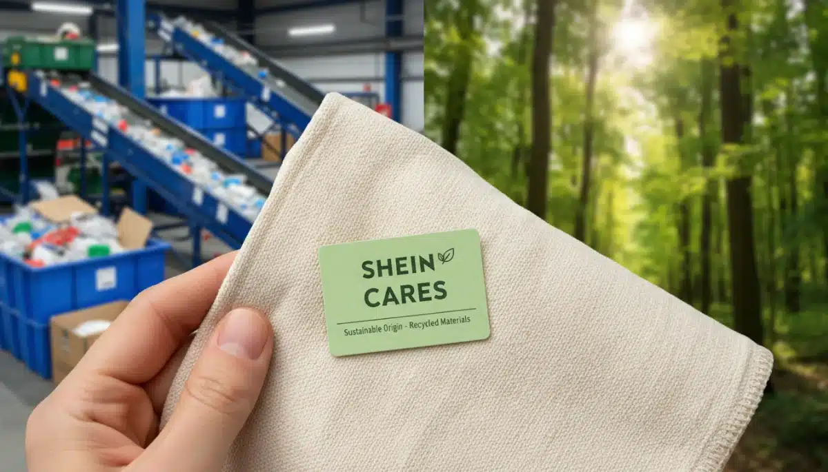 Tecido sustentável com etiqueta 'Shein Cares' e fundo de reciclagem e natureza