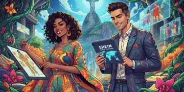Designers brasileiros colaborando com a Shein em um cenário futurista de moda nacional.
