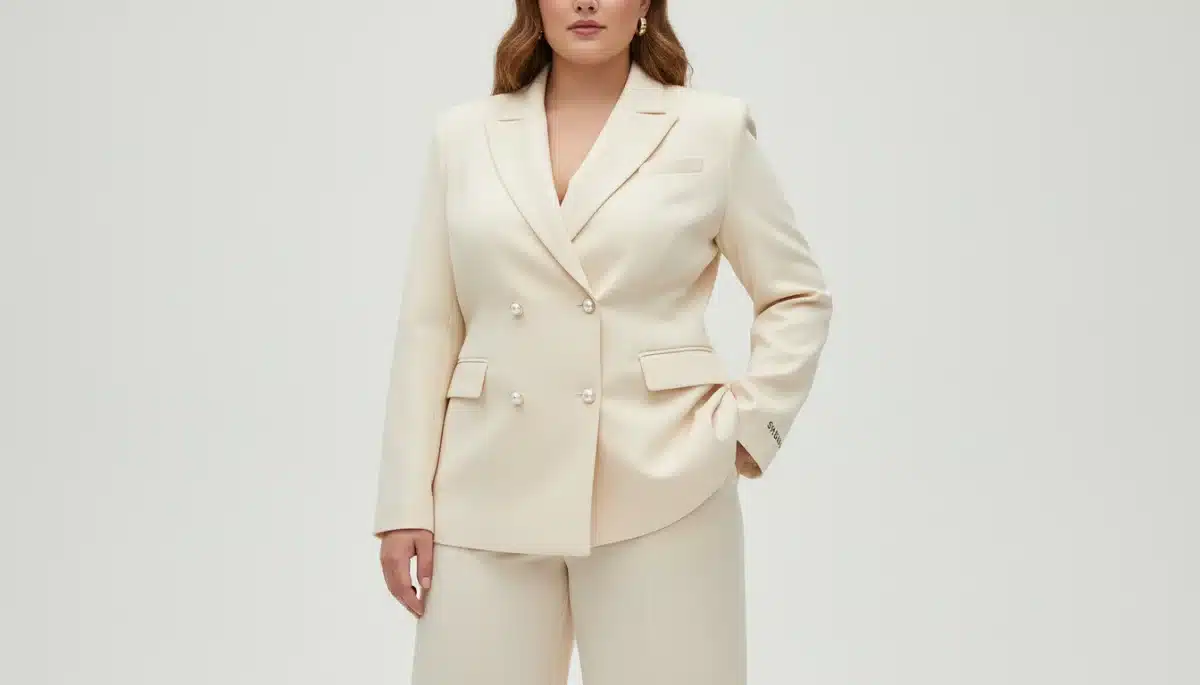 Modelo plus size vestindo blazer elegante e calça de alfaiataria da Shein 2026, destacando a qualidade e caimento.