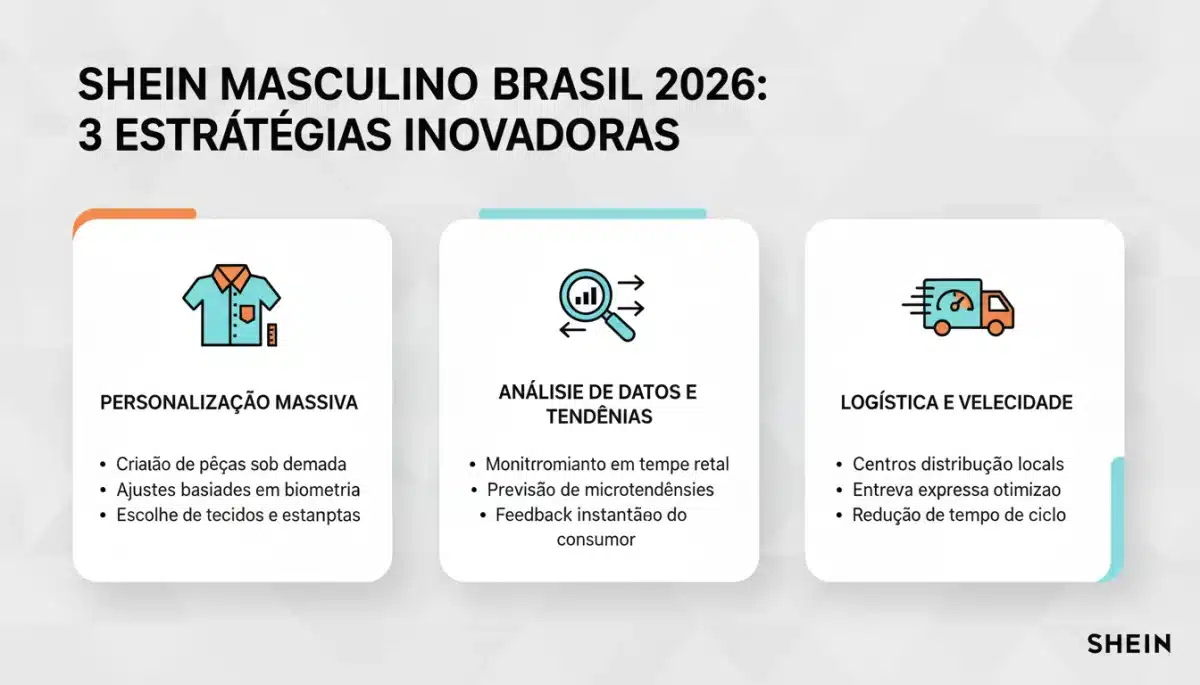 Infográfico detalhando as três estratégias inovadoras da Shein para o mercado masculino brasileiro até 2026.