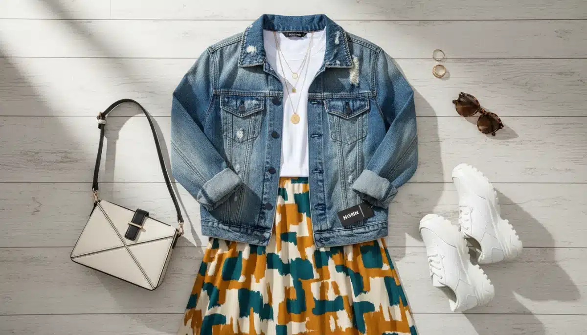 Composição de look Shein com jaqueta jeans clássica, saia midi estampada e acessórios modernos.
