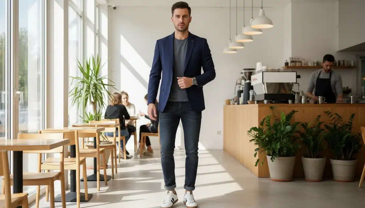 Homem com blazer, camiseta e jeans Shein, look smart-casual ideal para o dia a dia em 2026.