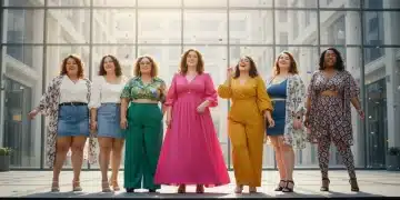 Mulheres plus size sorrindo e posando com roupas estilosas da Shein 2026, em um ambiente urbano moderno.