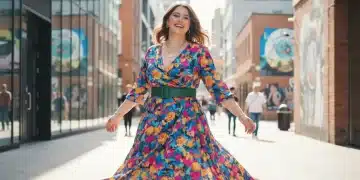 Mulher plus size sorrindo, vestindo um vestido estampado da Shein 2026, com cinto na cintura, em ambiente urbano.