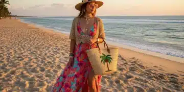 Mulher estilosa na praia com acessórios Shein de verão 2026
