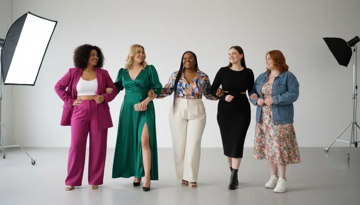 Grupo de mulheres plus size diversas, vestindo roupas estilosas da Shein 2026, com sorrisos confiantes em estúdio de moda.