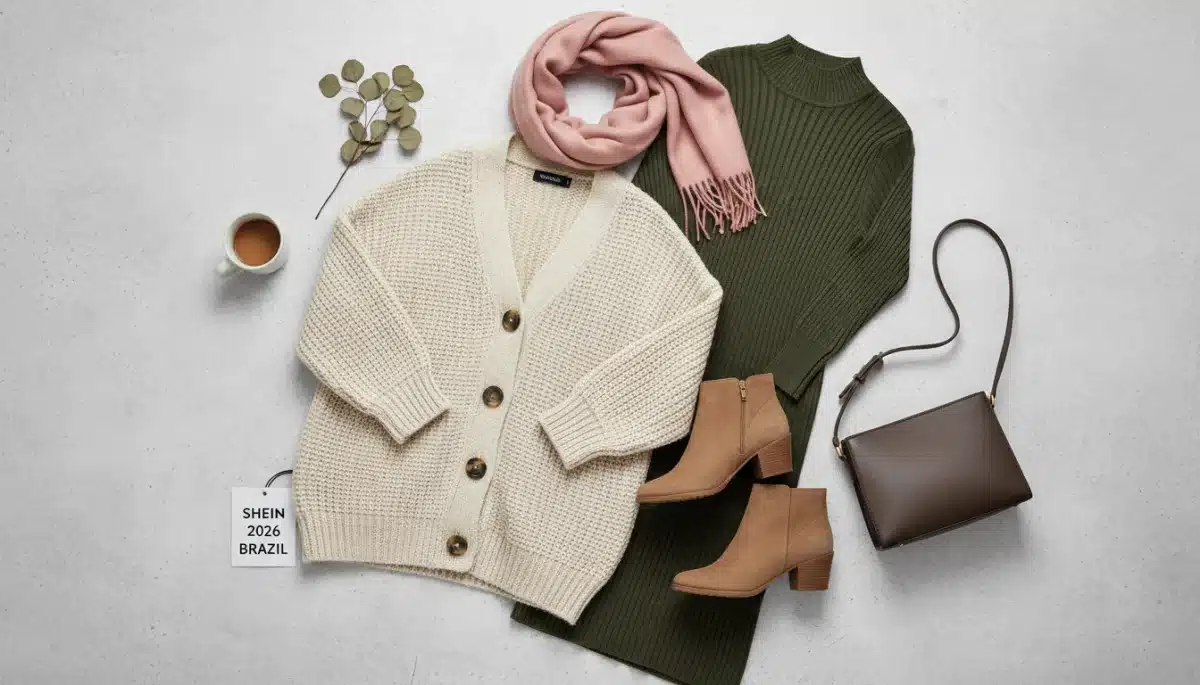 Composição de peças essenciais de inverno Shein 2026 para o Brasil: cardigan oversized, vestido midi de tricô e botas de cano curto.