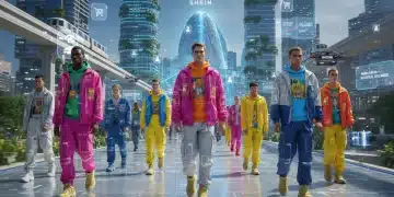 Modelos masculinos vestindo roupas Shein em um cenário urbano brasileiro futurista, simbolizando a redefinição do fast fashion em 2026.