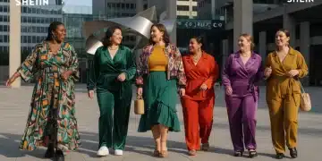 Modelos plus size vestindo peças modernas e confortáveis da coleção Shein Plus Size 2026 em um ambiente urbano vibrante.