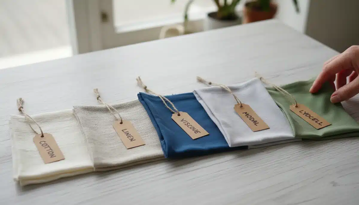 Amostras de tecidos como algodão, linho e viscose, destacando suas texturas e qualidades para roupas femininas.
