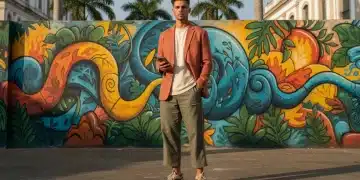 Homem brasileiro moderno com roupas Shein, exibindo as tendências de moda masculina para 2026 em cenário urbano vibrante.