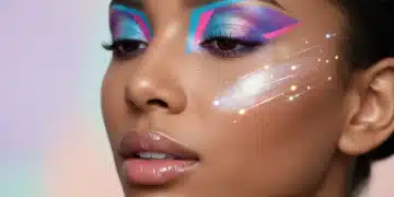Mulher com maquiagem futurista e pele impecável, destacando um novo produto de beleza Shein 2026