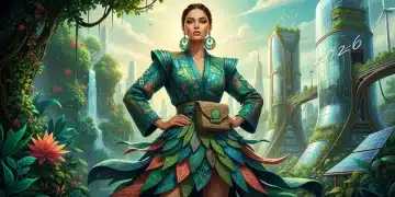 Modelo vestindo roupas sustentáveis da Shein em um cenário futurista-brasileiro, simbolizando a moda ecológica de 2026.