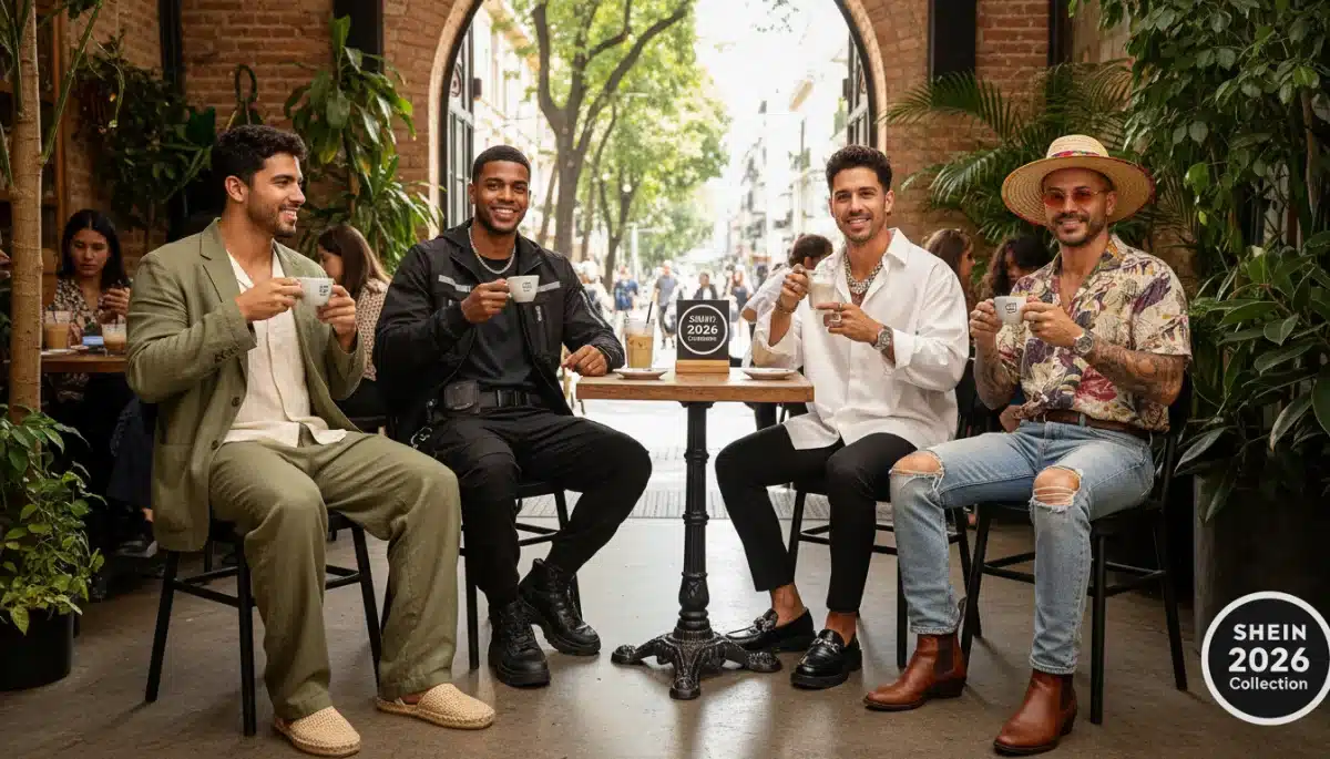Grupo de homens brasileiros estilosos exibindo diversas tendências de moda masculina Shein 2026 em um café vibrante.
