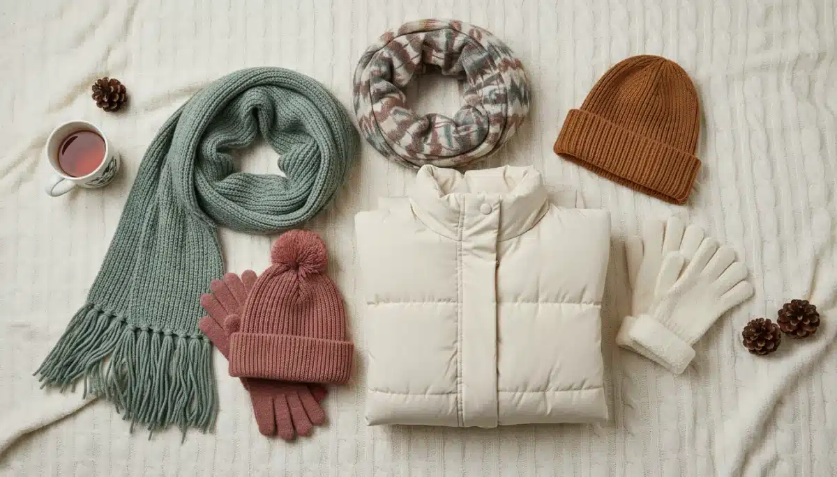 Accesorios de invierno Shein y chaqueta acolchada para un look completo y abrigado.
