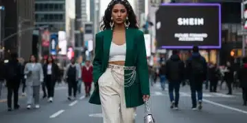 Mujer luciendo accesorios Shein de moda en 2026, incluyendo pendientes, bolso mini, diadema y cinturón, todo por menos de 15 euros.