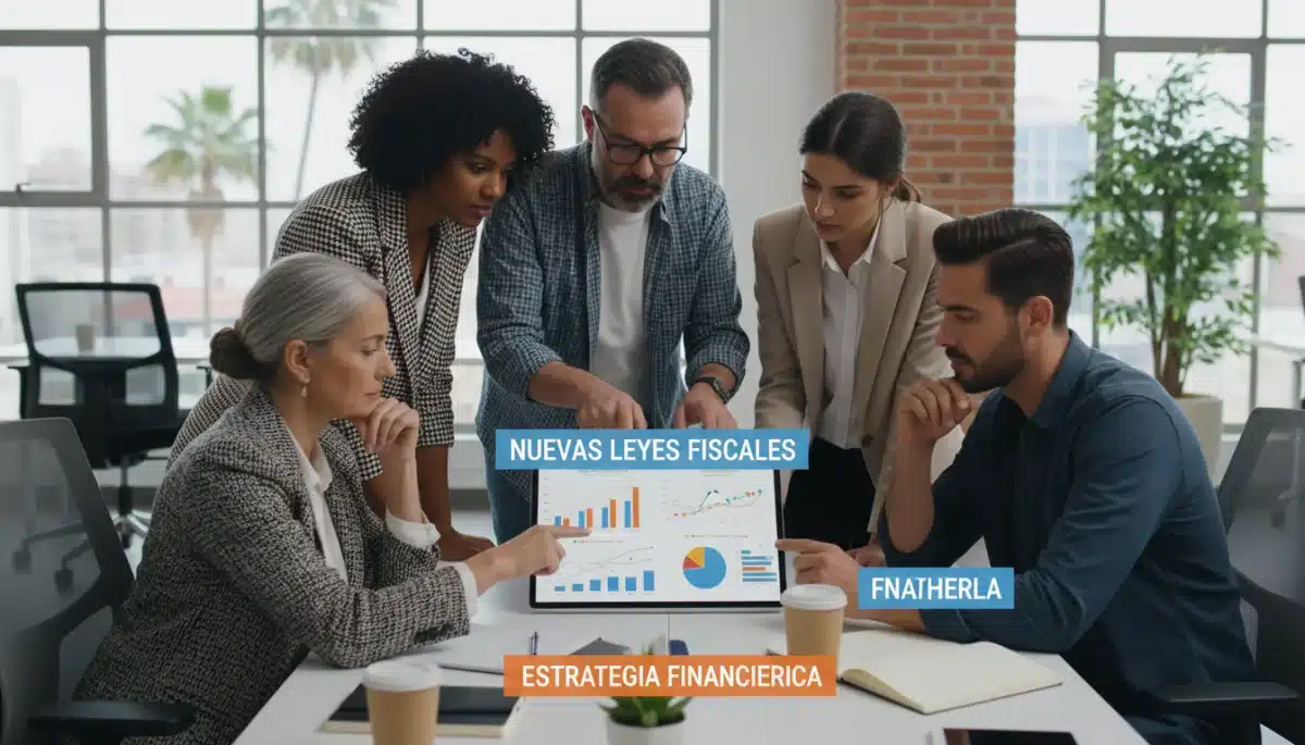 Autónomos y empresarios analizando gráficos financieros en España, planificando la adaptación a la nueva fiscalidad.