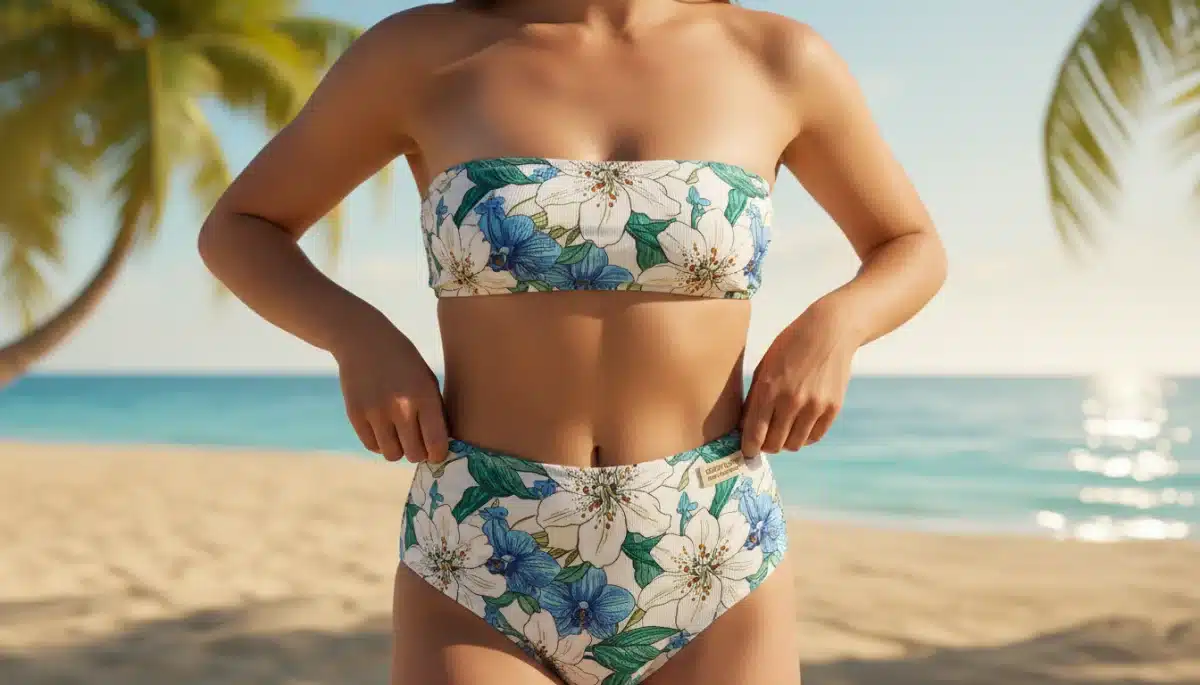 Detalle de bikini de talle alto y estampado floral Shein, una tendencia clave para el verano de 2026.