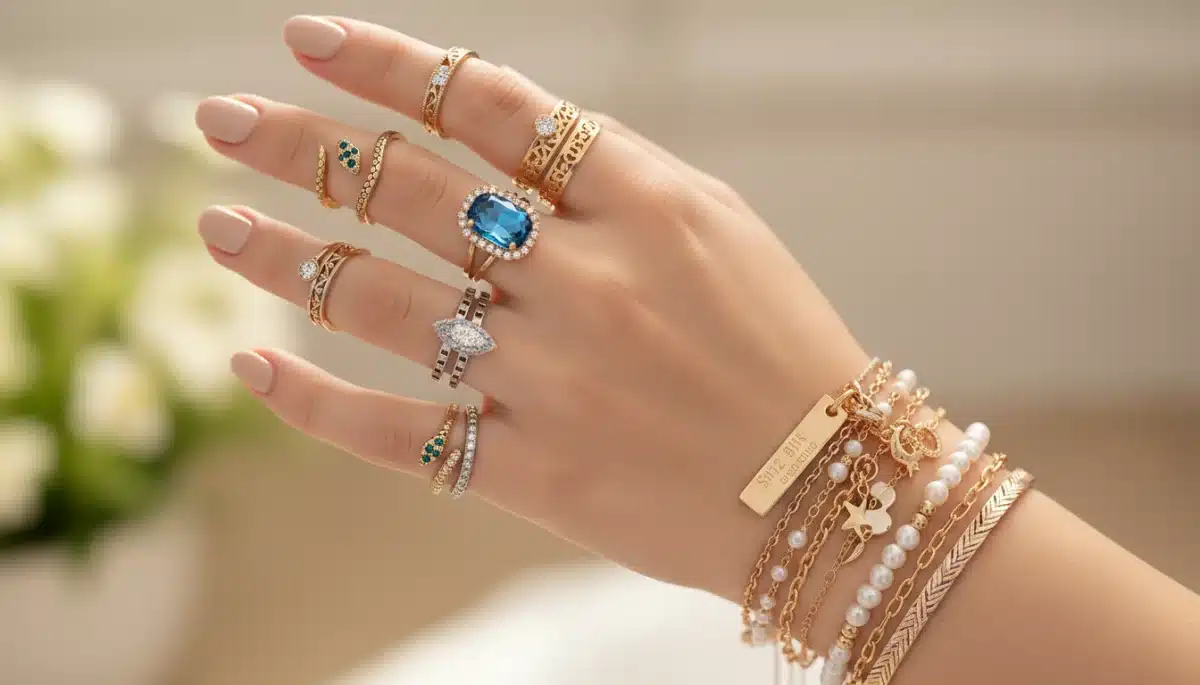 Detalle de mano con anillos y pulseras Shein 2026, mostrando la calidad y el diseño de la bisutería.
