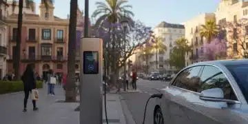 Coche eléctrico cargando en un punto de recarga público en una ciudad española, con edificios modernos de fondo.