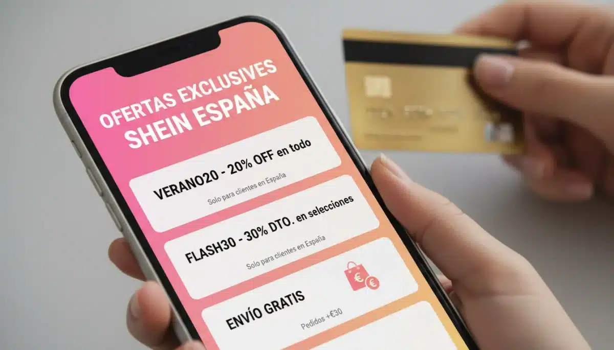 Pantalla de móvil mostrando códigos de descuento Shein exclusivos para España.