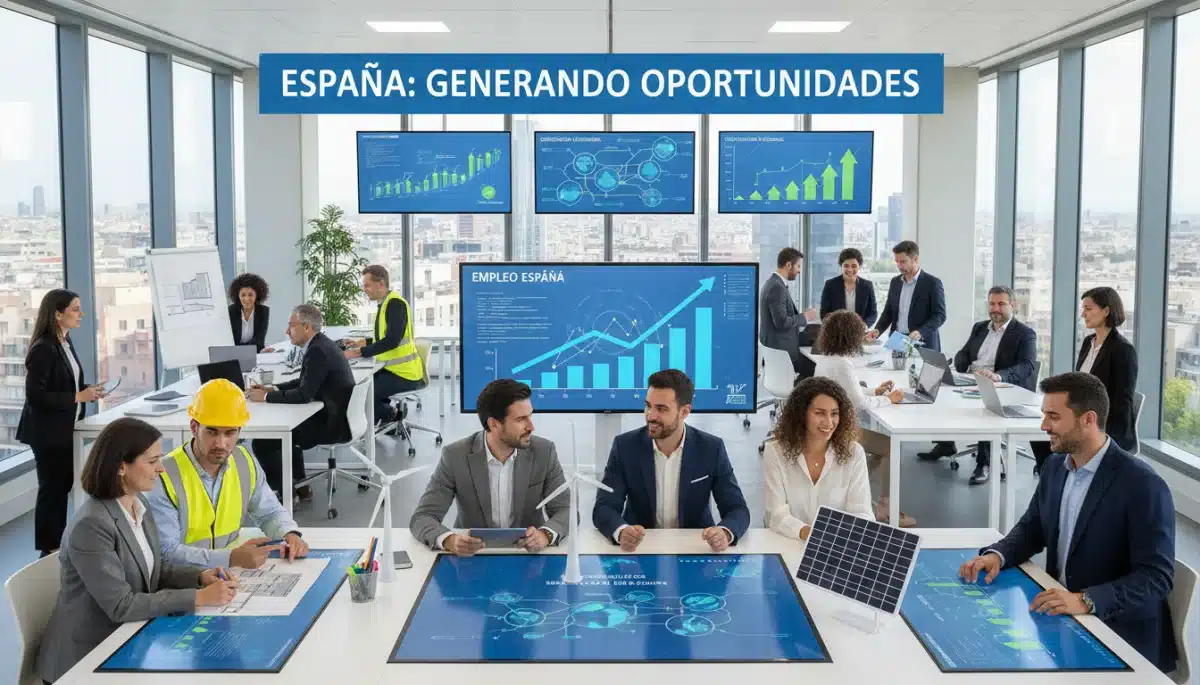 Grupo de profesionales colaborando en un entorno moderno, representando la creación de empleo y crecimiento económico en España.