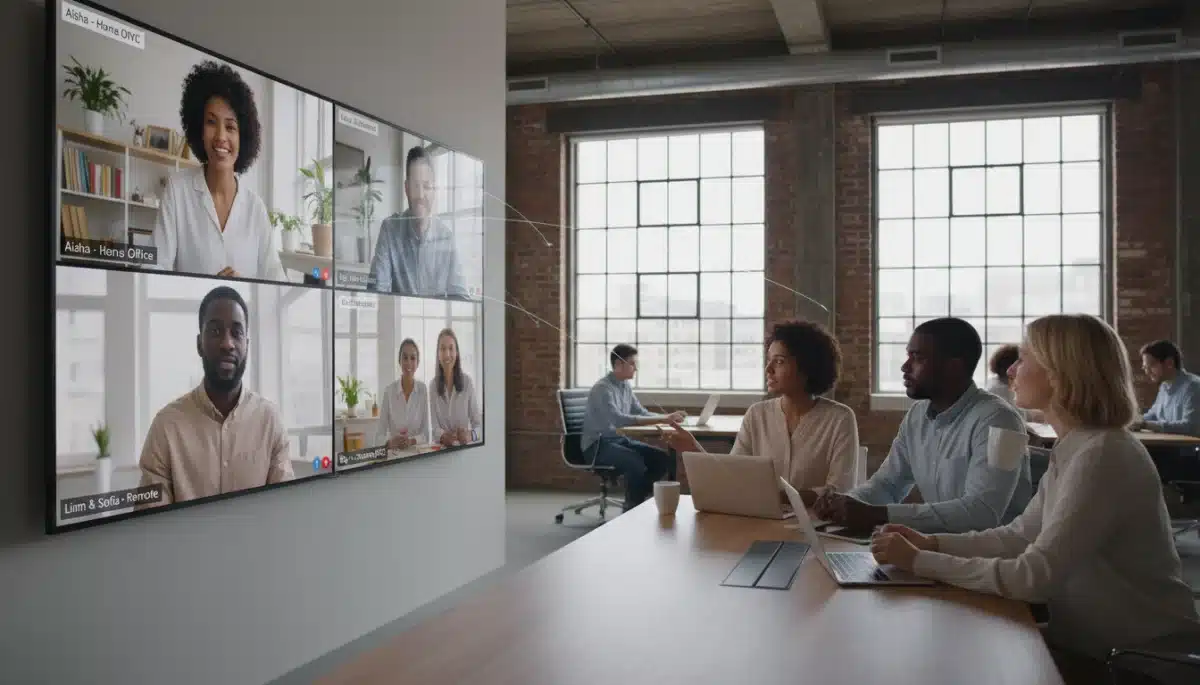 Equipo diverso colaborando virtualmente en una videollamada, mostrando la comunicación digital en el teletrabajo.