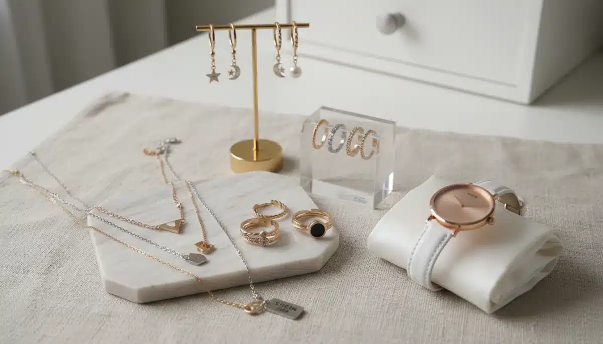 Detalle de una colección de accesorios Shein 2026, incluyendo collares, anillos y pendientes, mostrando su diseño moderno.
