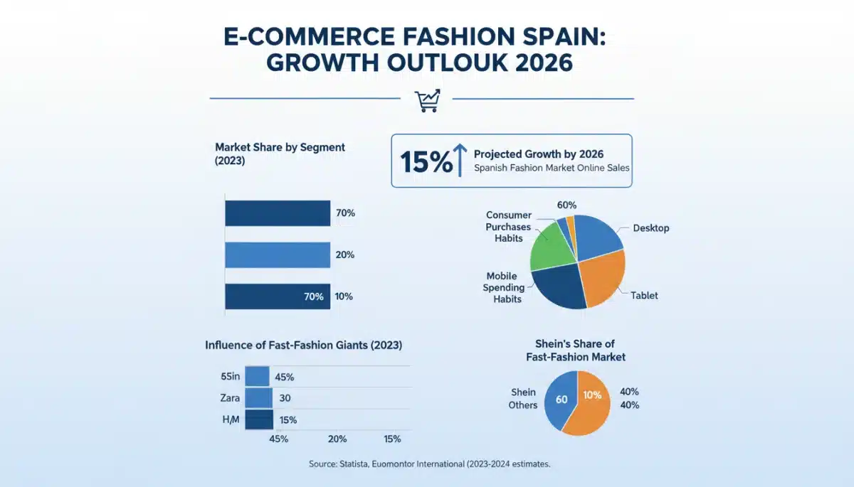 Gráfico estadístico del crecimiento del 15% en el comercio electrónico de moda española para 2026, destacando la influencia de Shein.