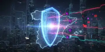 Escudo digital futurista protegiendo un mapa de España de ciberamenazas