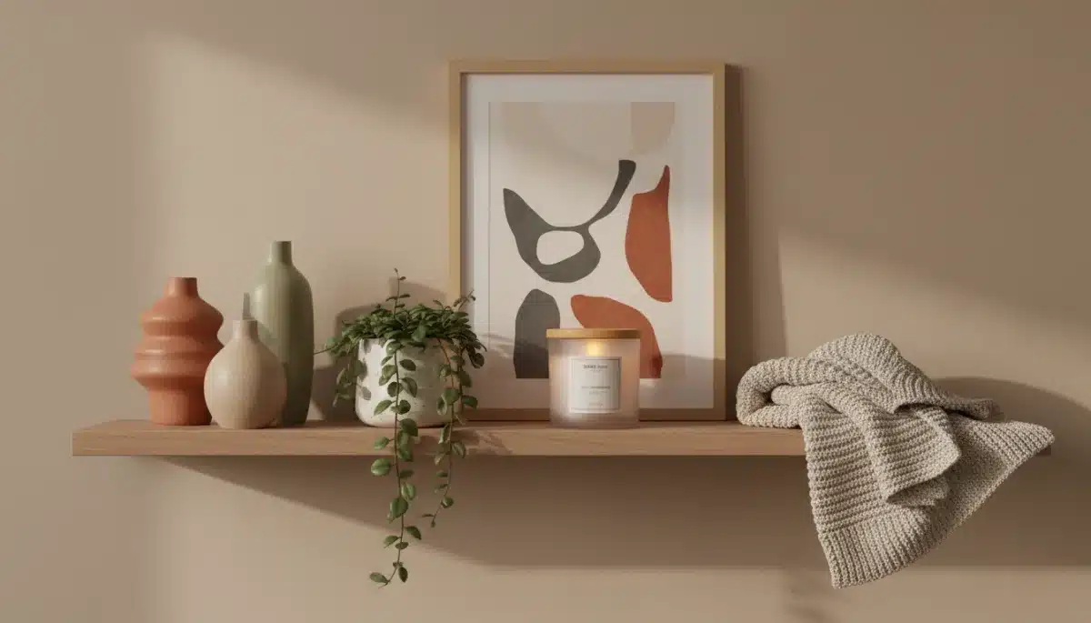 Estantería decorada con artículos minimalistas cálidos de Shein.
