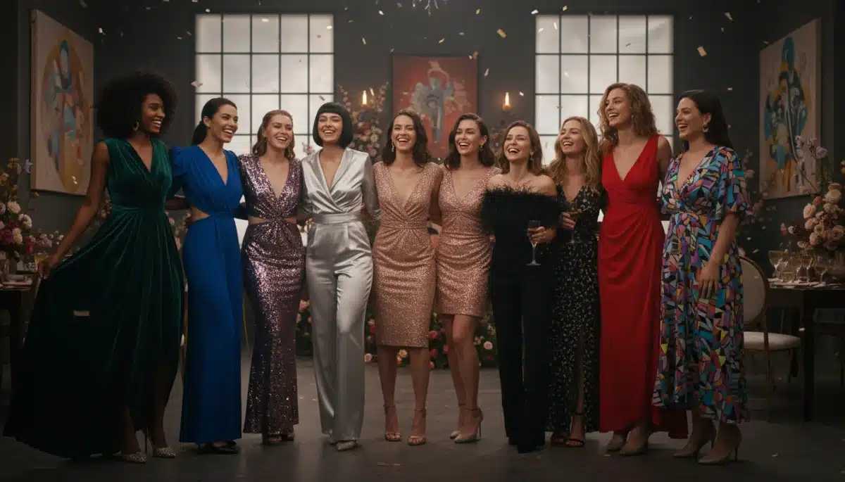 Grupo de mujeres con diversos estilos de moda de fiesta de Shein para 2026, celebrando en un evento.