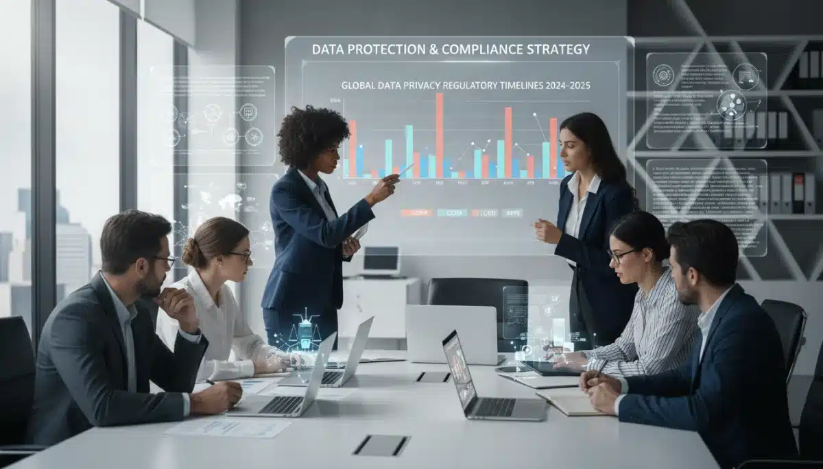 Profesionales de negocios analizando estrategias de cumplimiento para las nuevas regulaciones de privacidad de datos.