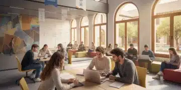 Estudiantes españoles en un aula moderna, utilizando tecnología y colaborando, simbolizando las reformas educativas de España.