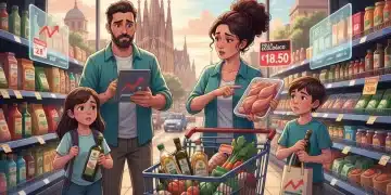 Familia española comprando en un supermercado con precios altos en 2026
