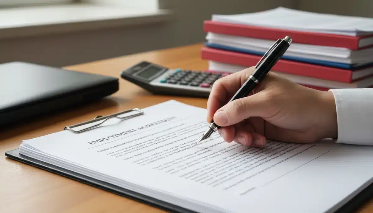 Mano firmando un nuevo contrato laboral bajo la Ley de Empleo 2026.
