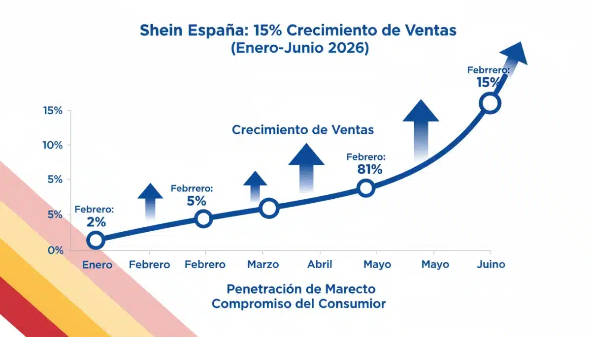Gráfico de crecimiento del 15% en ventas de Shein en España durante el primer semestre de 2026.