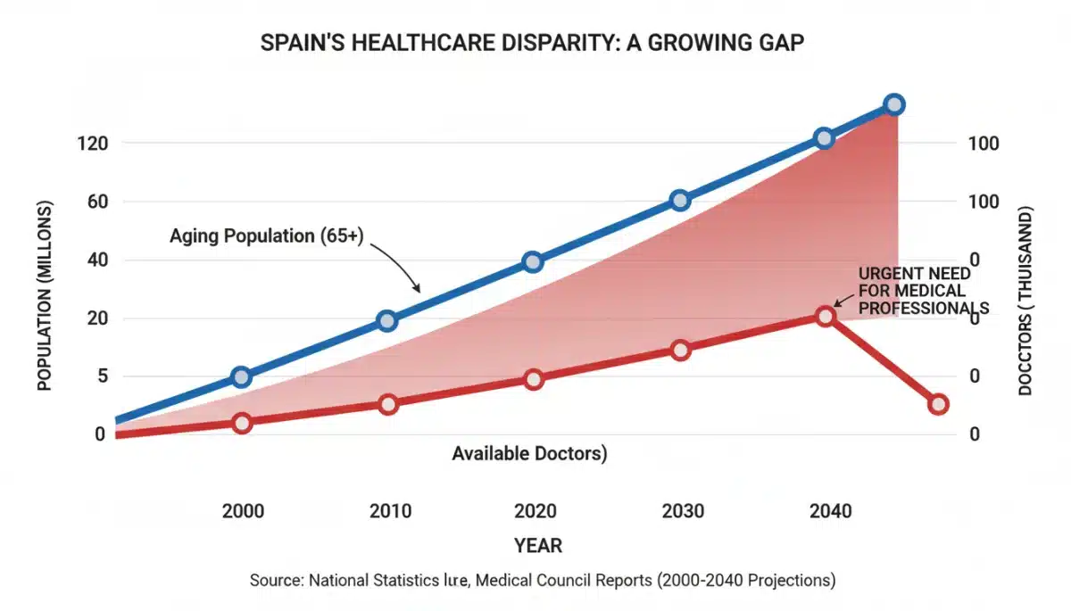Gráfico que ilustra la brecha creciente entre el envejecimiento de la población española y la escasez de médicos.
