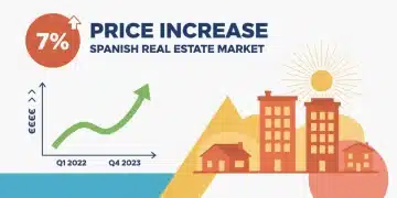 Gráfico que muestra un aumento del 7% en los precios del mercado inmobiliario español para 2026, con casas y edificios.