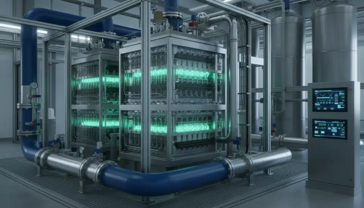 Planta de producción de hidrógeno verde con celdas de electrólisis y tuberías, representando la vanguardia tecnológica.