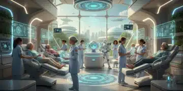 Hospital futurista en España, con personal médico diverso y tecnología avanzada, abordando los desafíos de salud en 2026.
