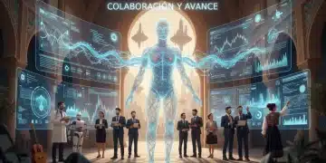 Inteligencia artificial transformando el empleo en España, con profesionales de distintos sectores colaborando con IA.
