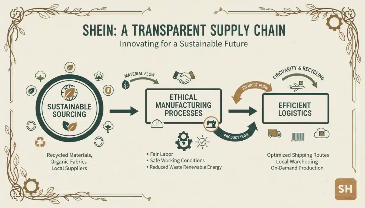 Infografía detallada de la cadena de suministro de Shein, mostrando puntos clave de sostenibilidad y ética en su producción.